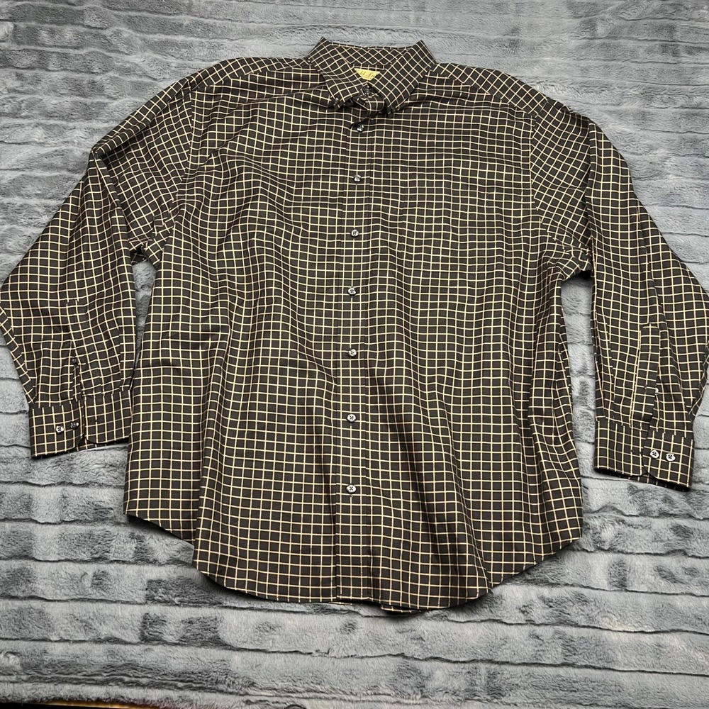 Roundtree & Yorke Gold Label Mens 2XB Black Gold Grid Non-Iron Cotton Shirt